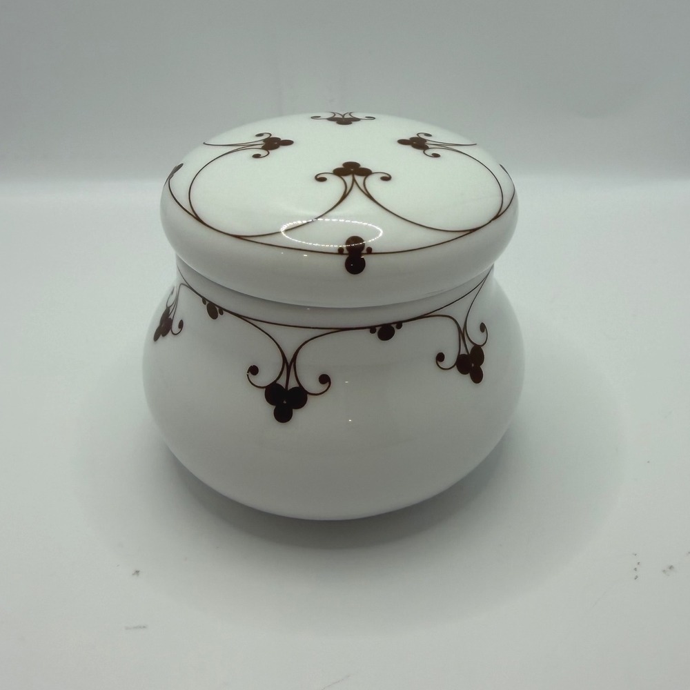 Thomas Germany Porcelain Trinket Jar Lidded Dish Brown Scroll Vintage 3.5"